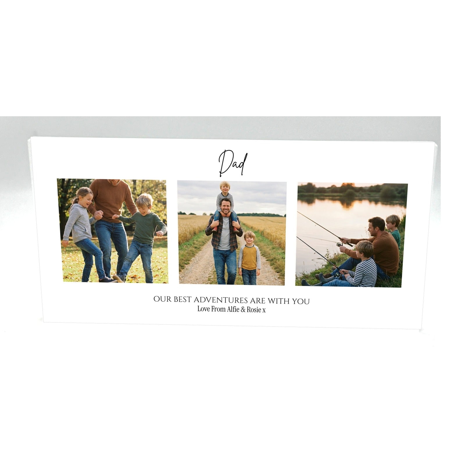 Personalised Dad photo collage acrylic block 20cm x 10cm with three photos on white background