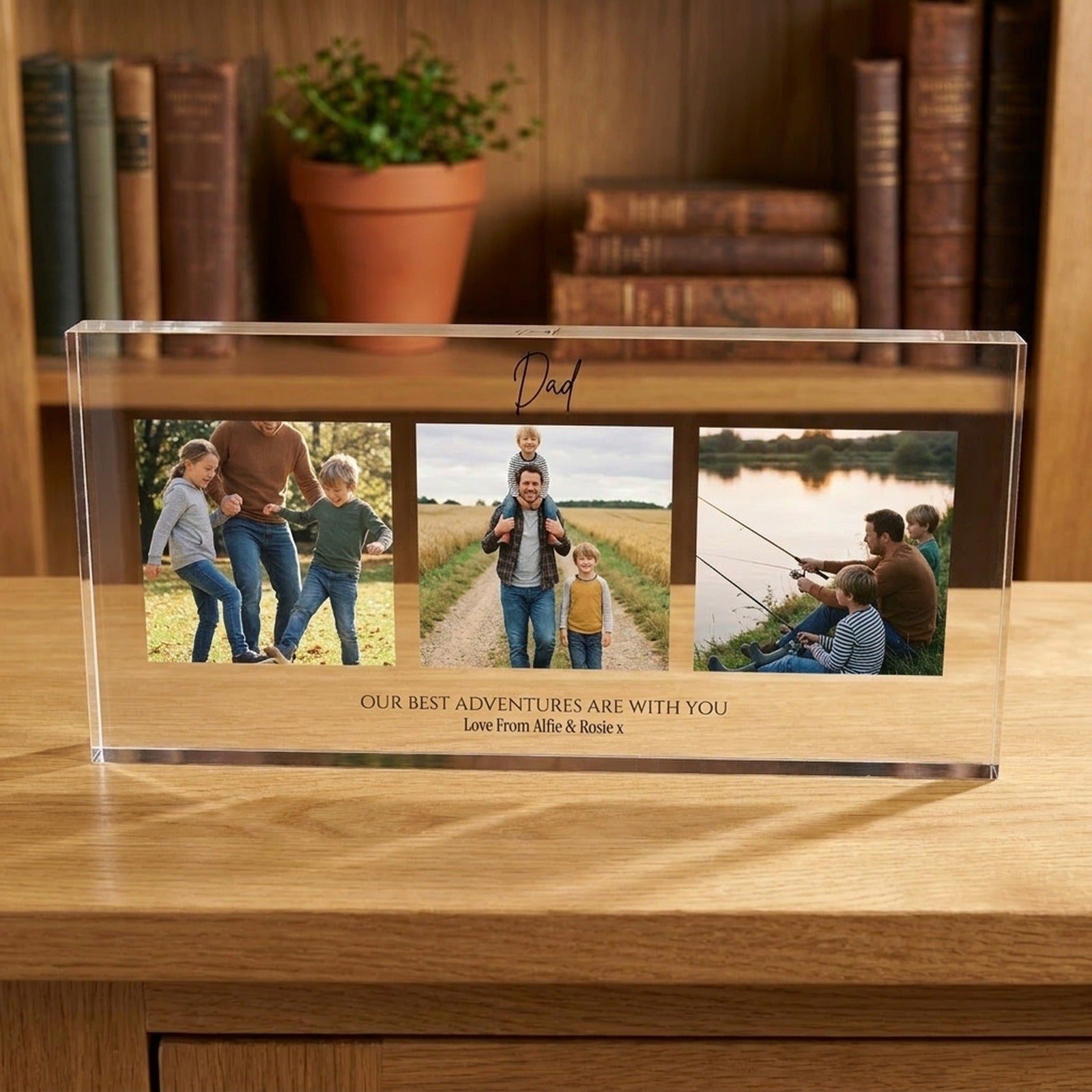 Dad photo collage acrylic block displayed on an oak desk with books