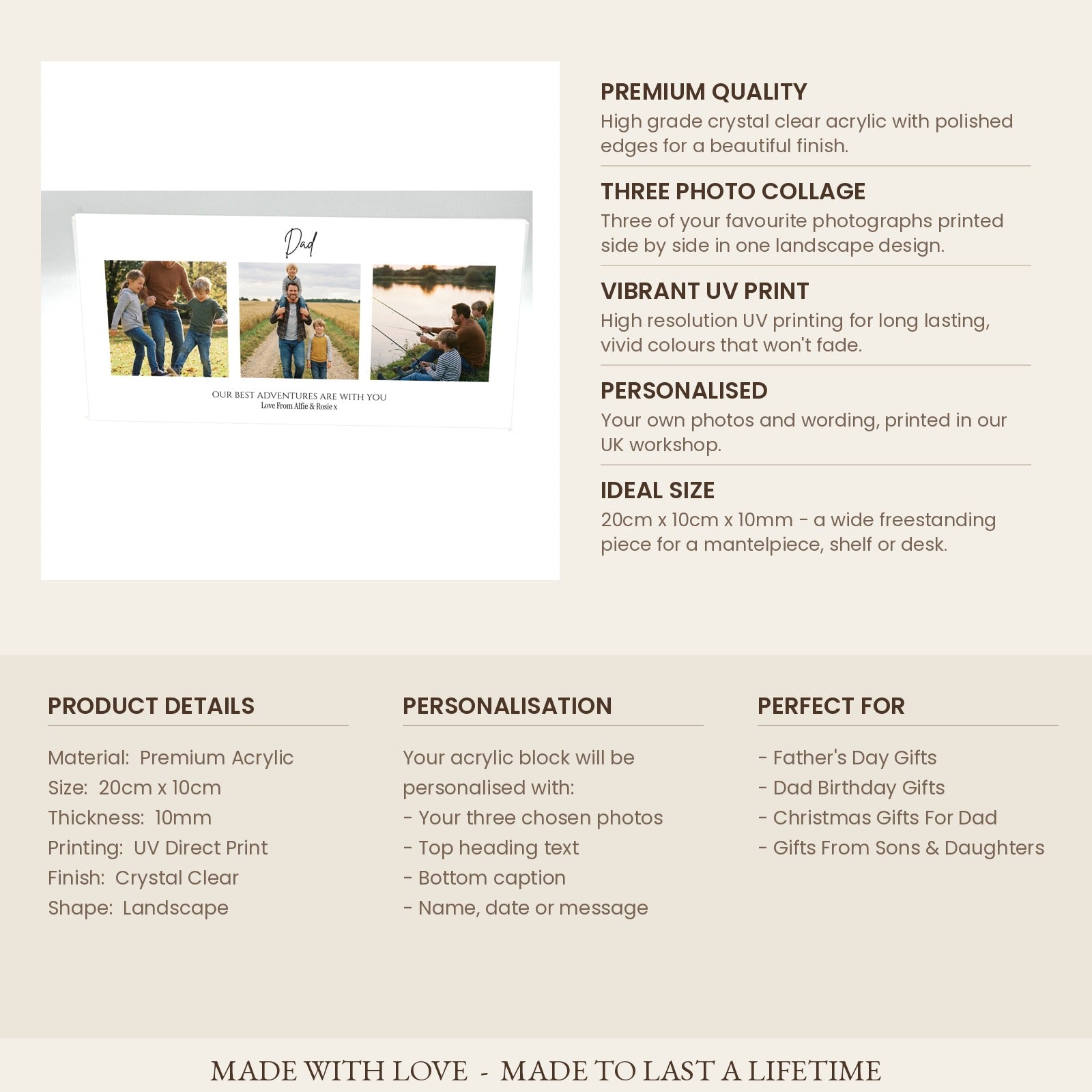 Product details card for Dad photo collage acrylic block 20cm x 10cm x 10mm