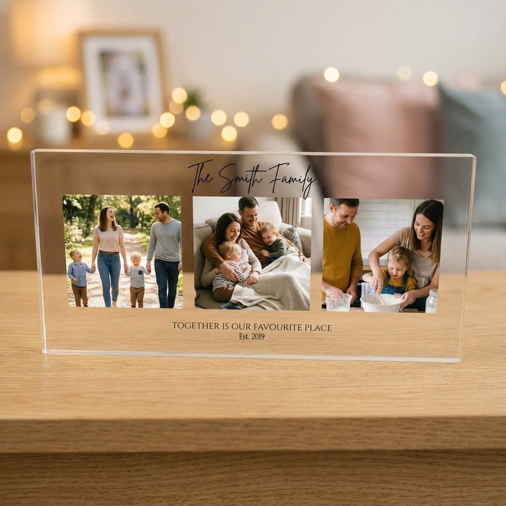 Family photo collage acrylic block displayed on an oak shelf in a living room