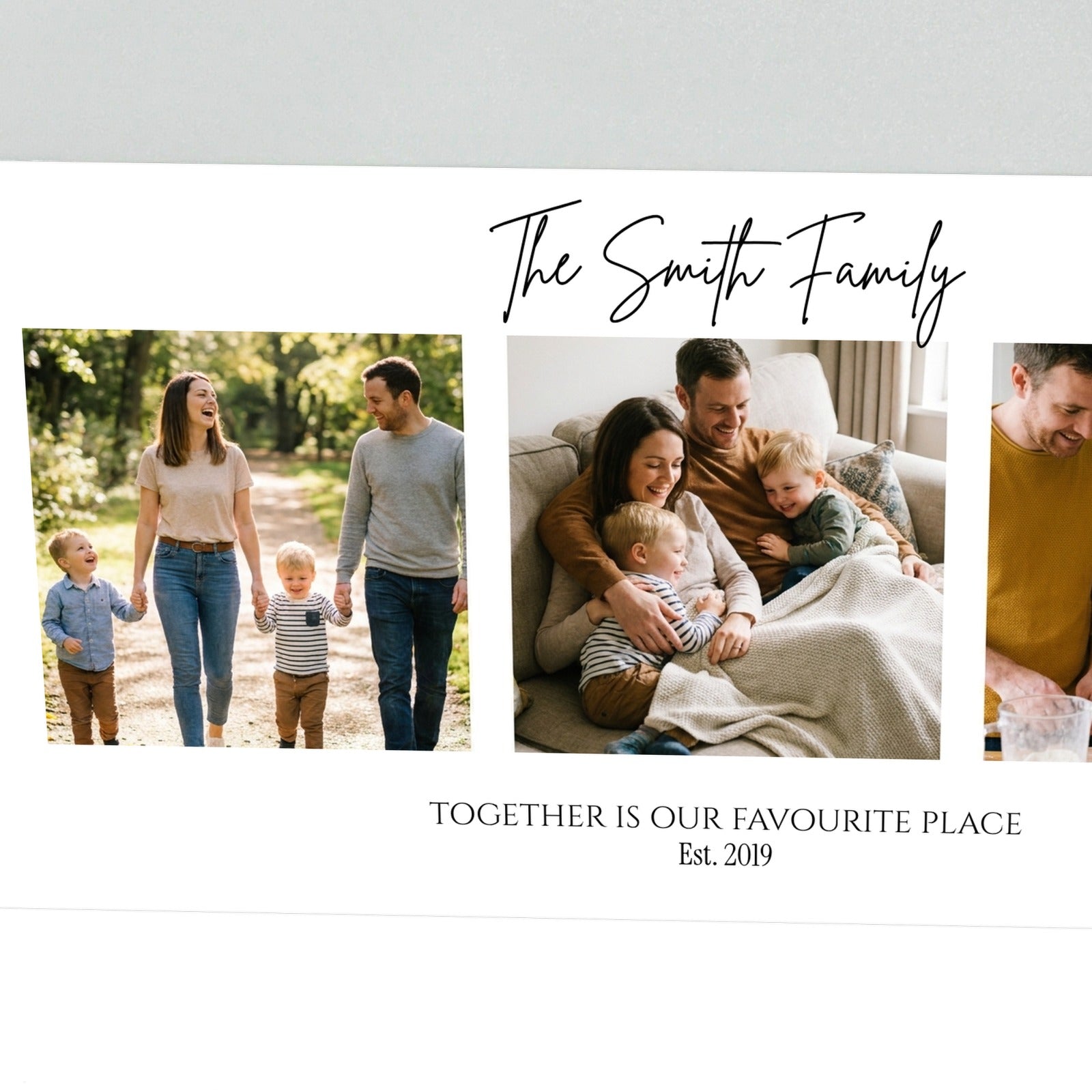 Close-up of family collage acrylic block showing script heading and printed photo