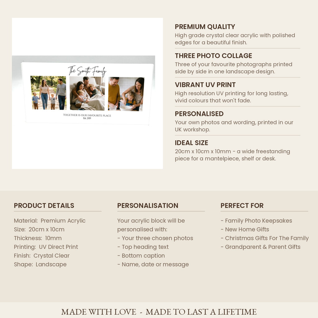 Product details card for family photo collage acrylic block 20cm x 10cm x 10mm