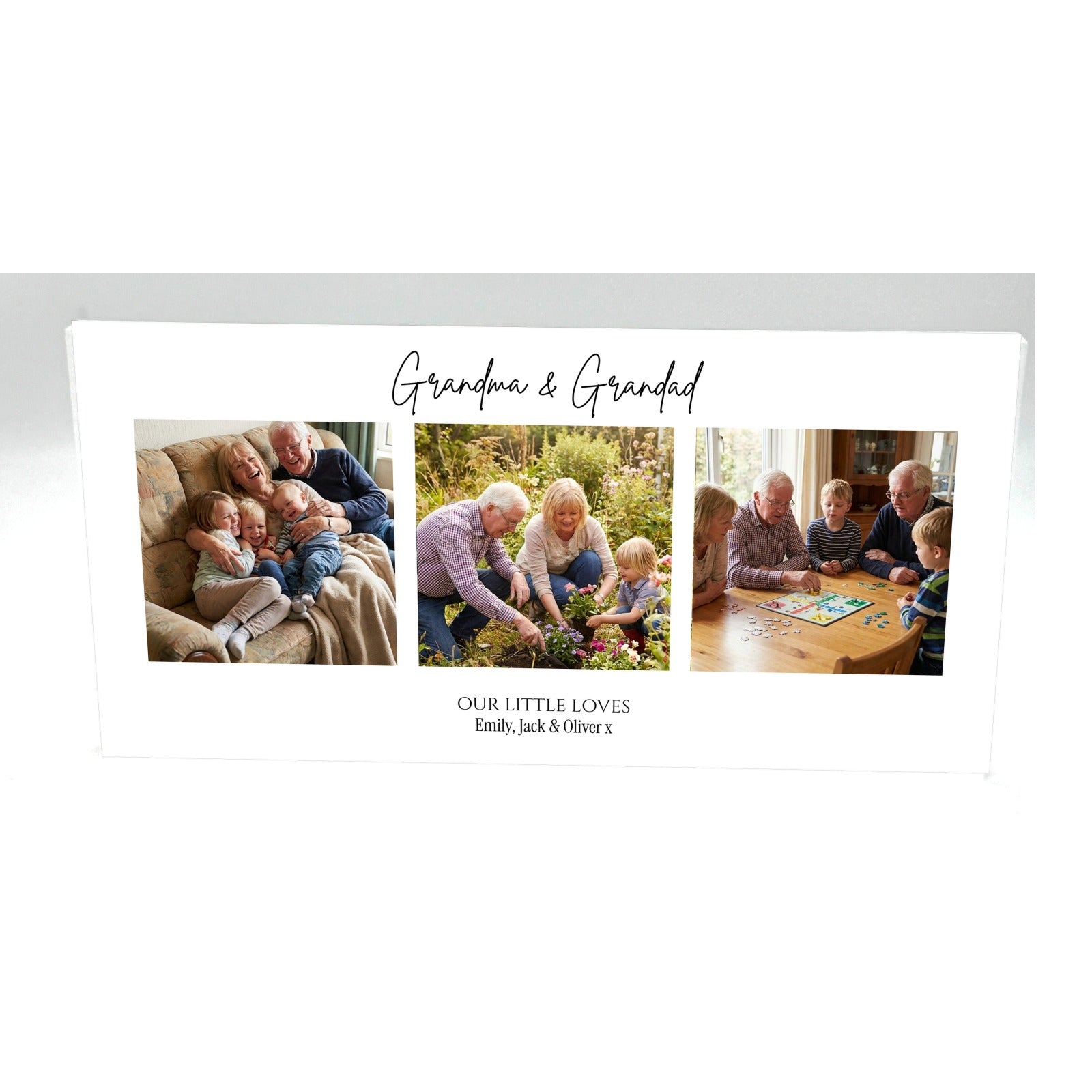 Personalised grandparents photo collage acrylic block 20cm x 10cm with three photos on white background