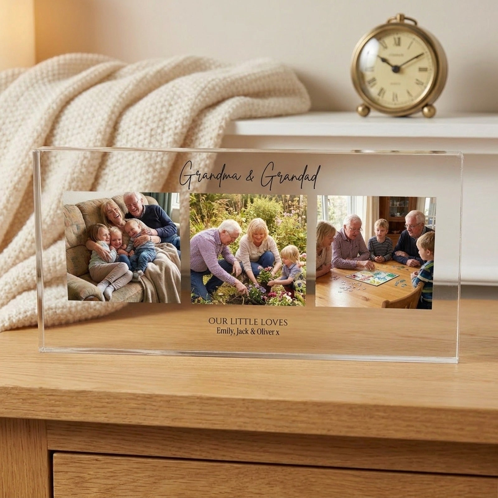 Grandparents photo collage acrylic block displayed on a mantelpiece with knitted throw