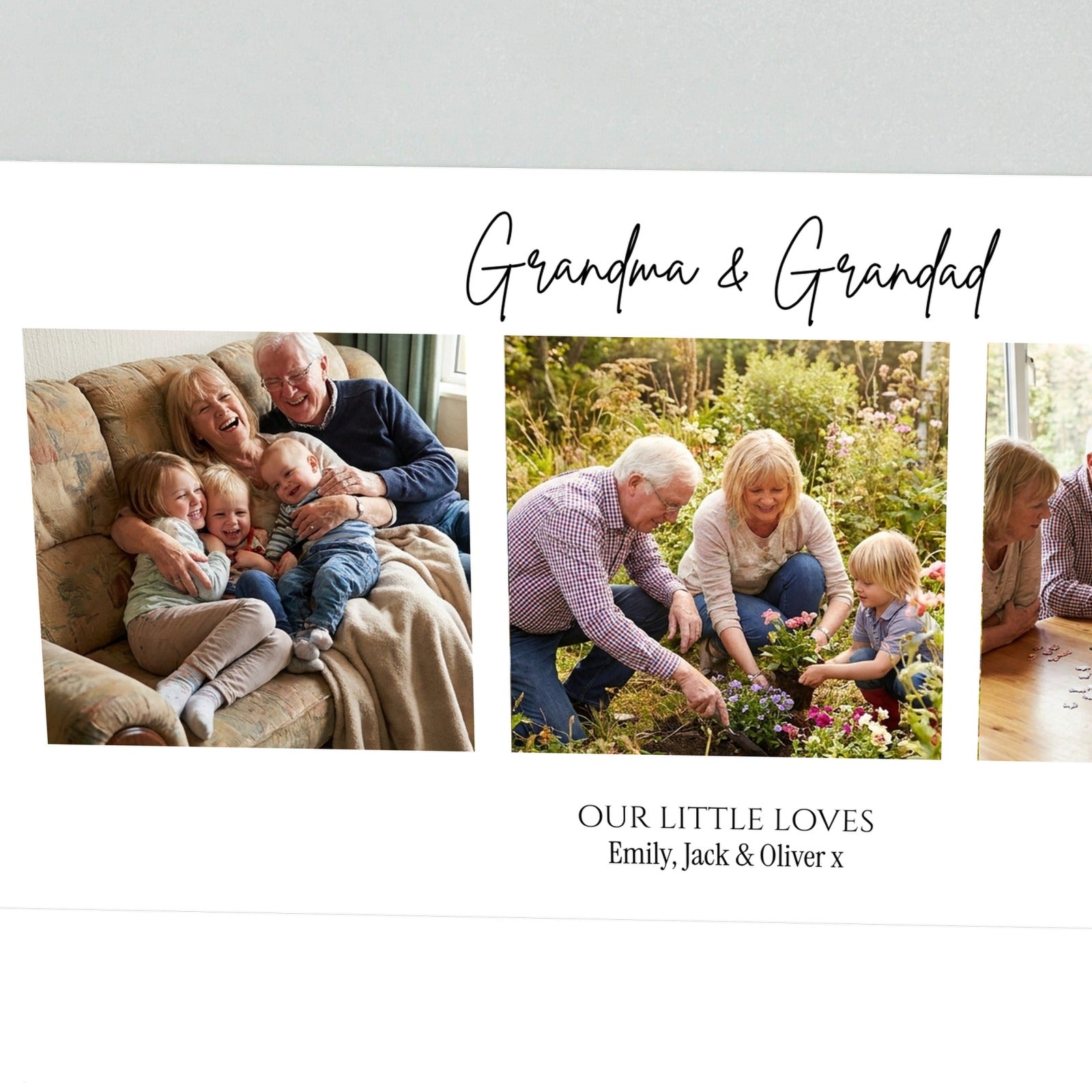 Close-up of grandparents collage acrylic block showing script heading and printed photo