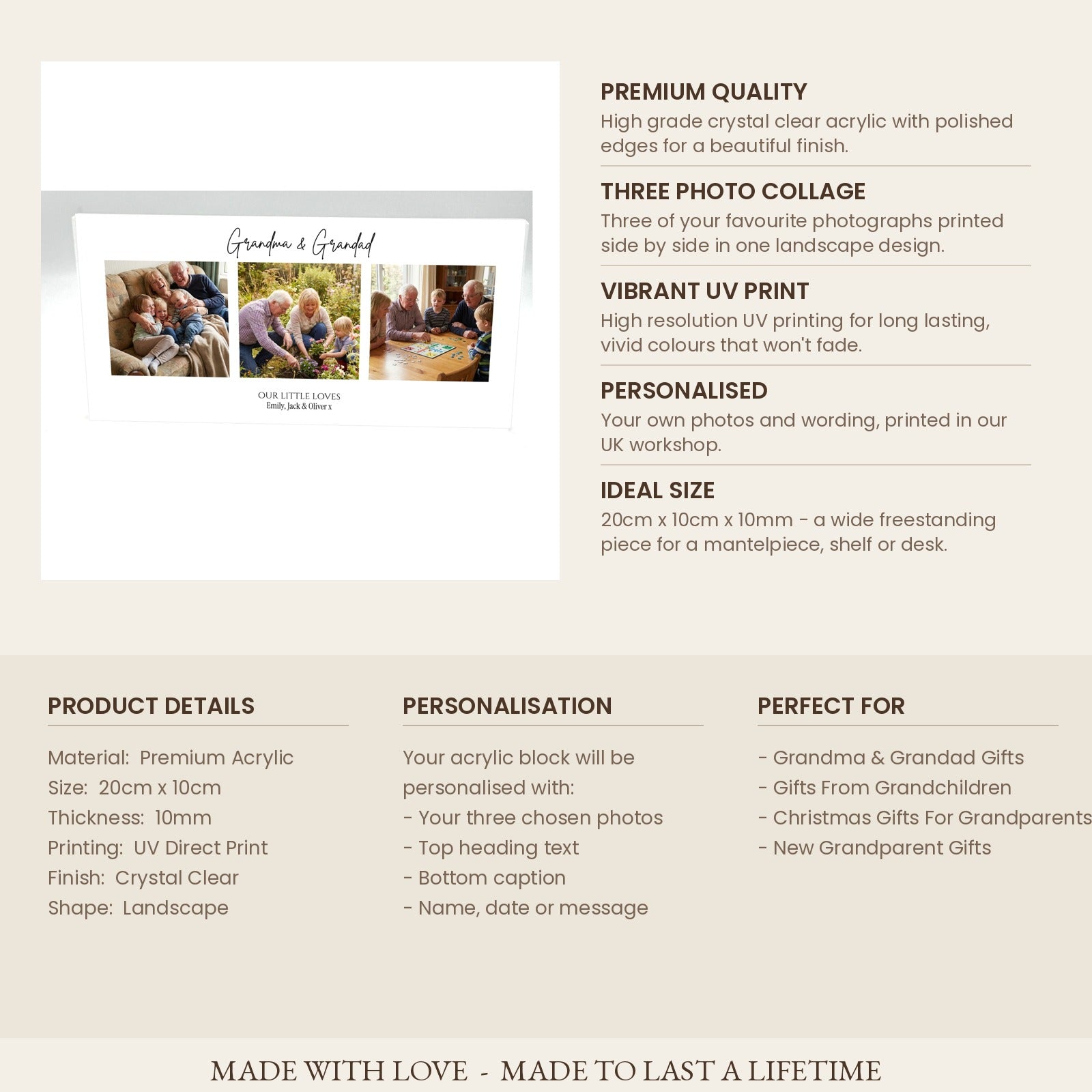 Product details card for grandparents photo collage acrylic block 20cm x 10cm x 10mm