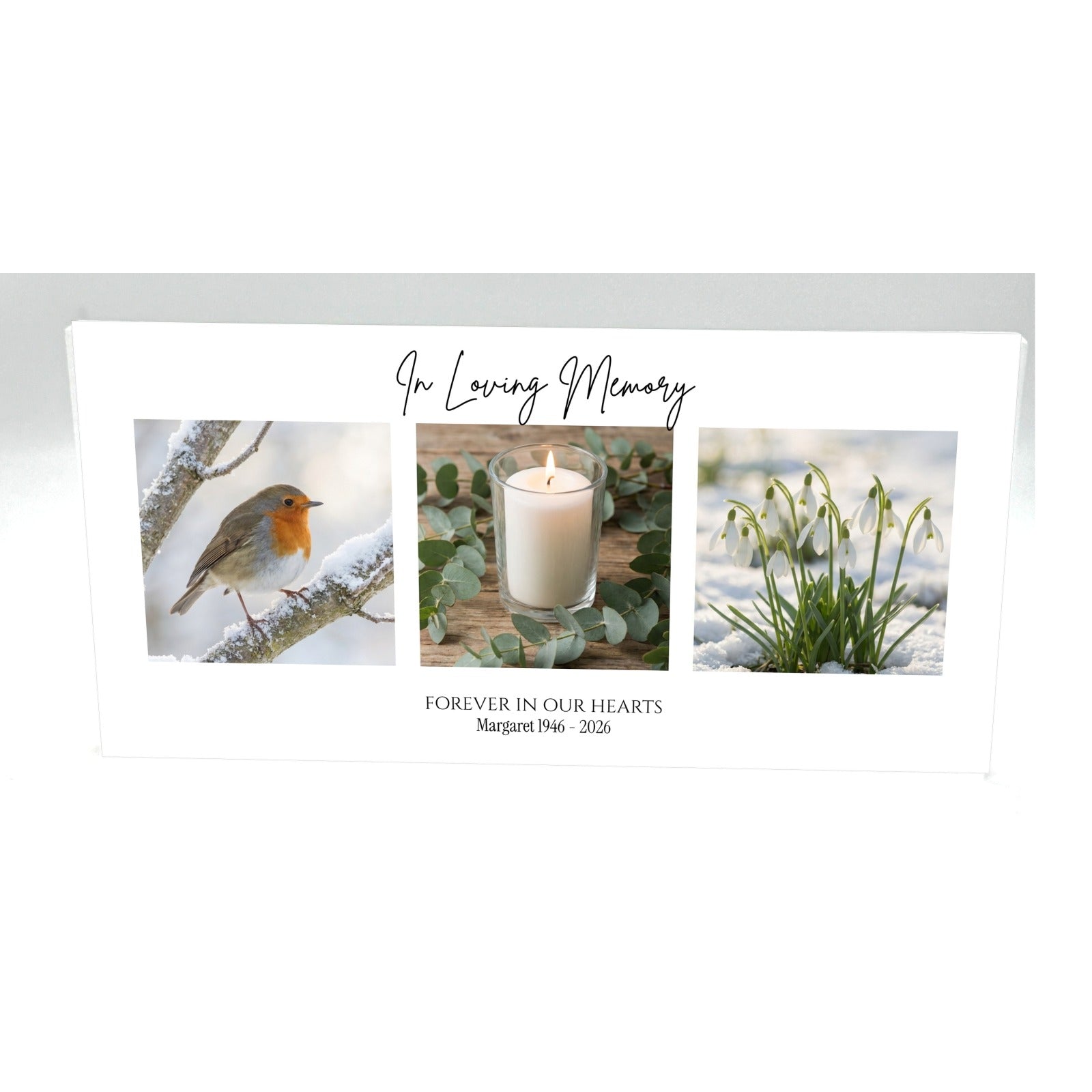 Personalised memorial photo collage acrylic block 20cm x 10cm with three photos on white background
