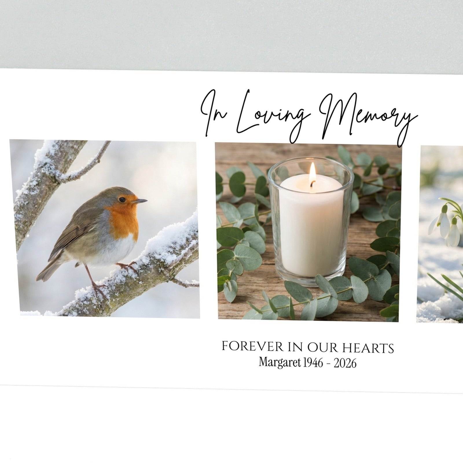 Close-up of memorial collage acrylic block showing script heading and printed photo