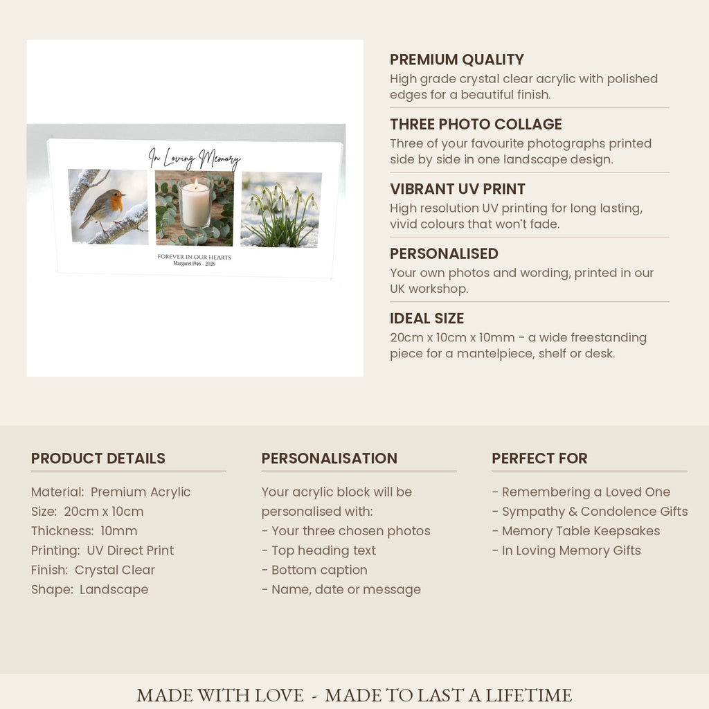 Product details card for memorial photo collage acrylic block 20cm x 10cm x 10mm