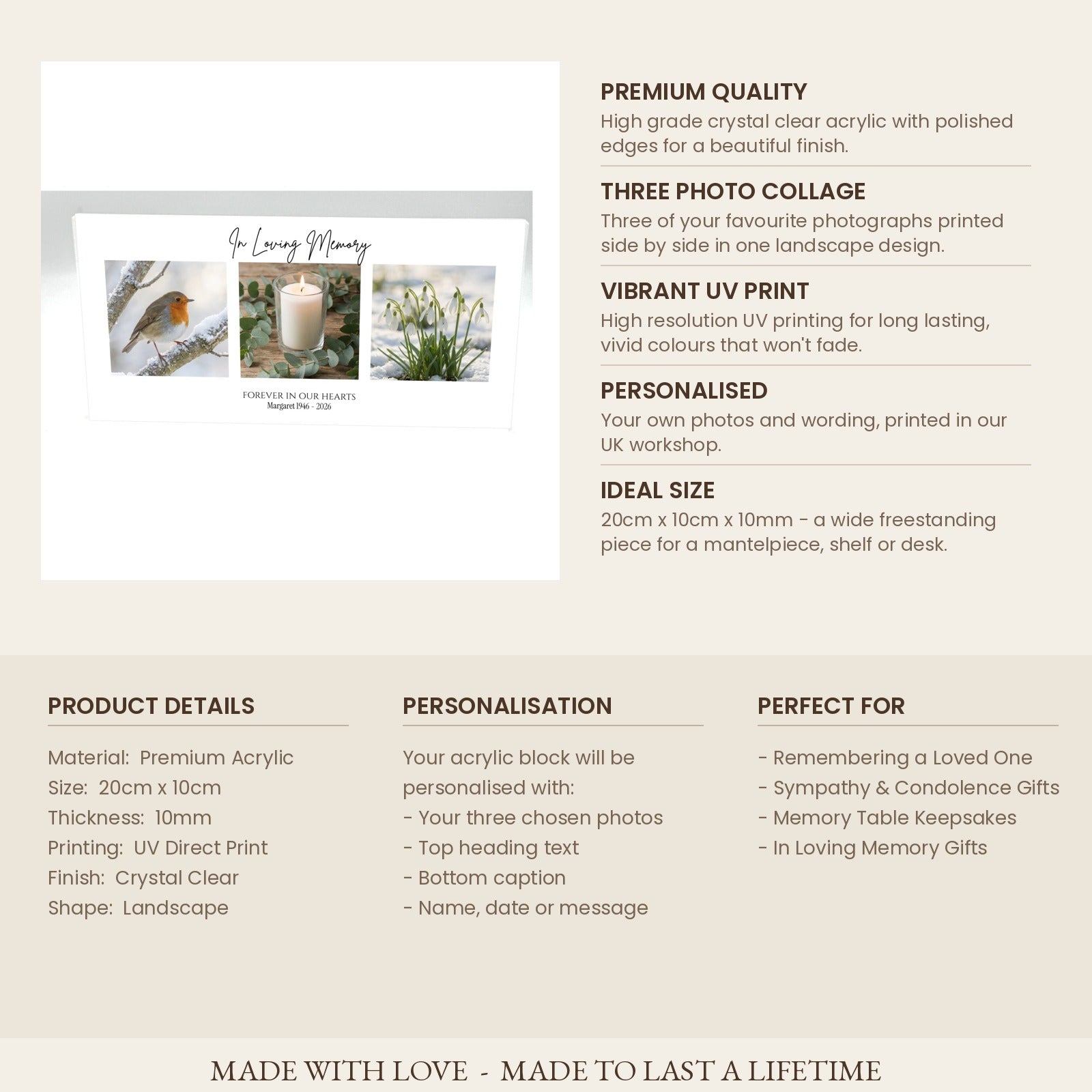 Product details card for memorial photo collage acrylic block 20cm x 10cm x 10mm