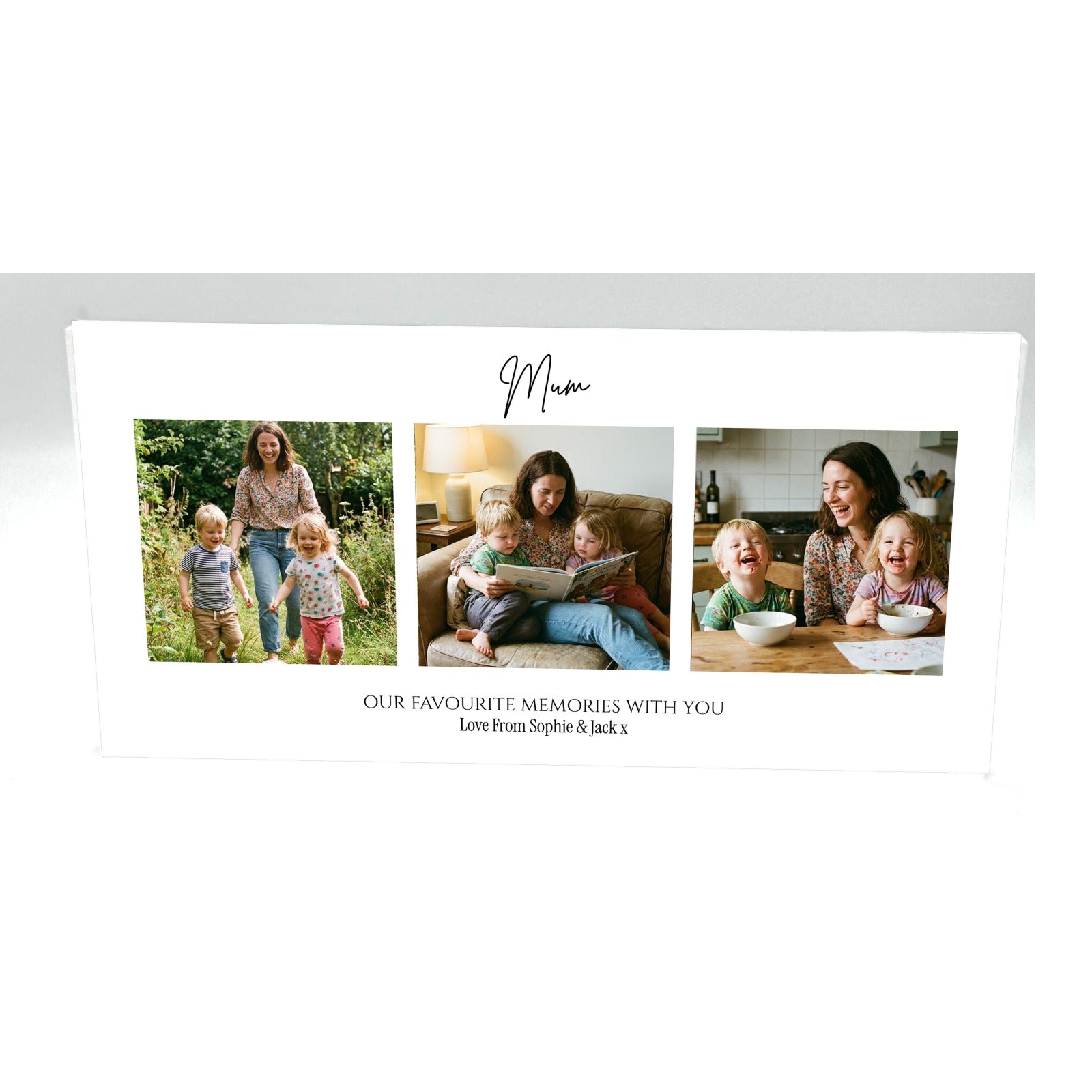 Personalised Mum photo collage acrylic block 20cm x 10cm with three photos on white background