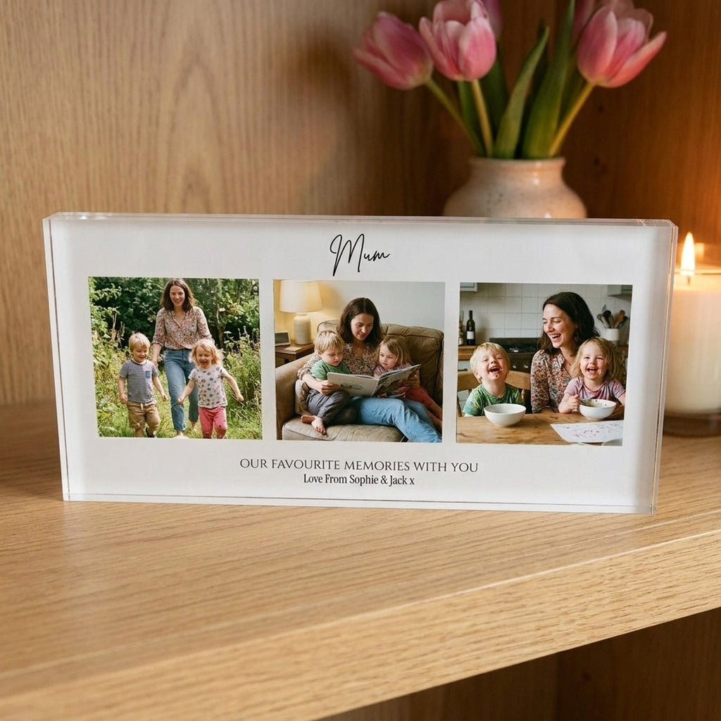 Mum photo collage acrylic block displayed on a shelf with tulips