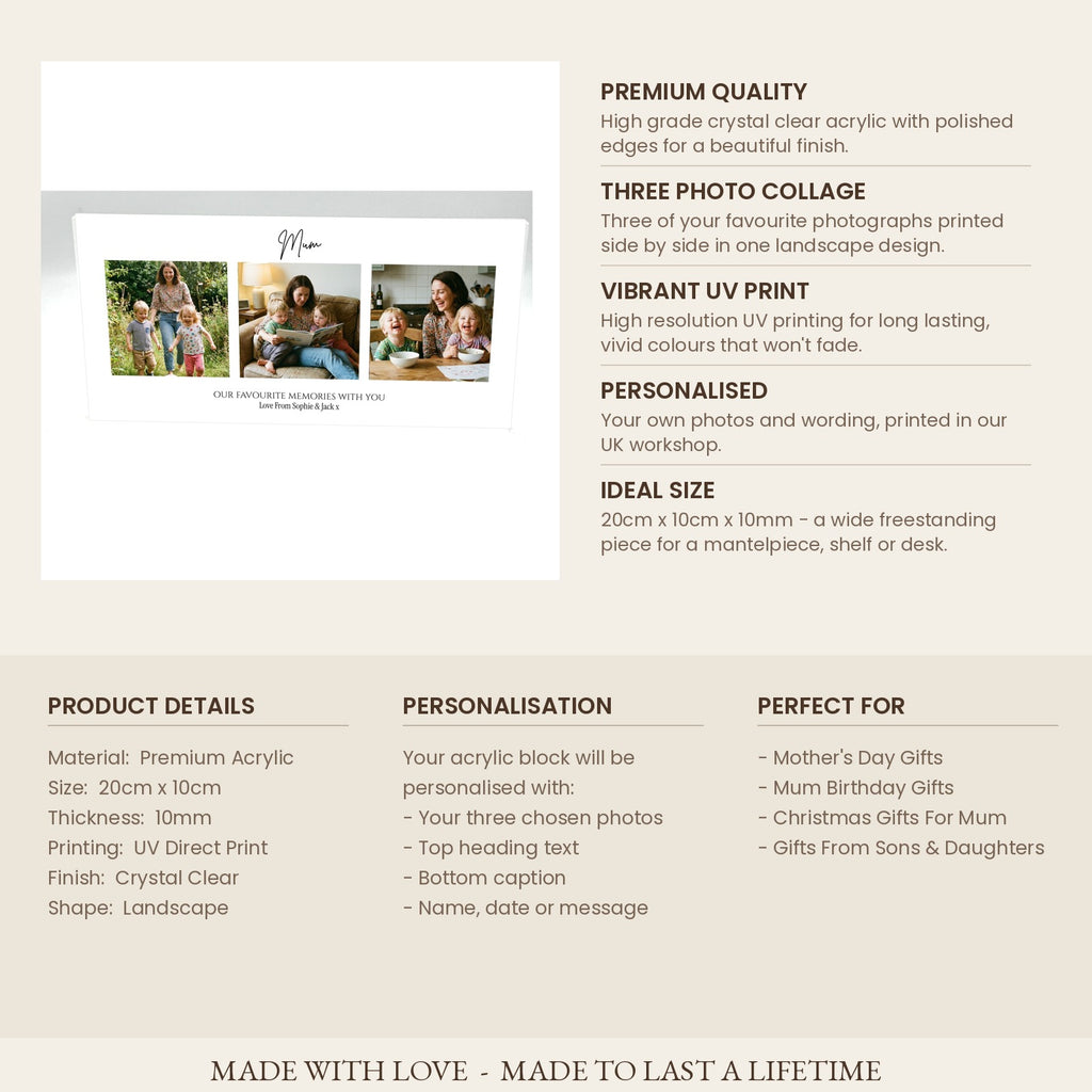 Product details card for Mum photo collage acrylic block 20cm x 10cm x 10mm