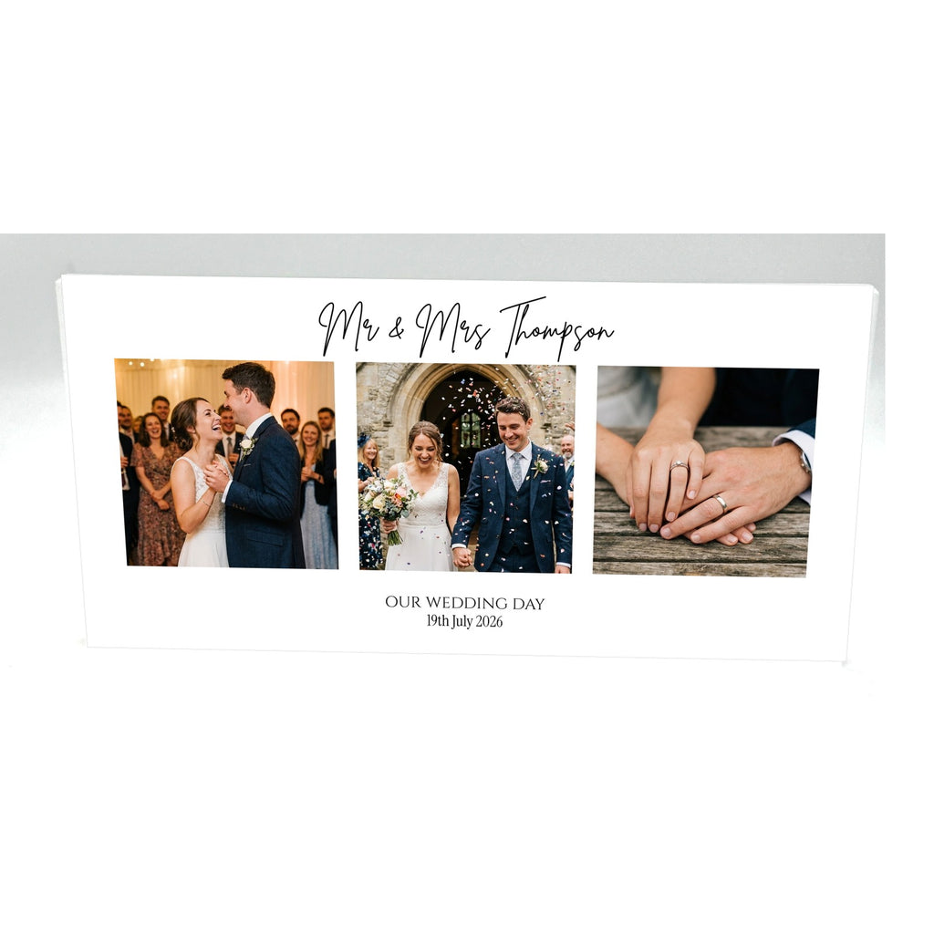 Personalised wedding photo collage acrylic block 20cm x 10cm with three photos on white background