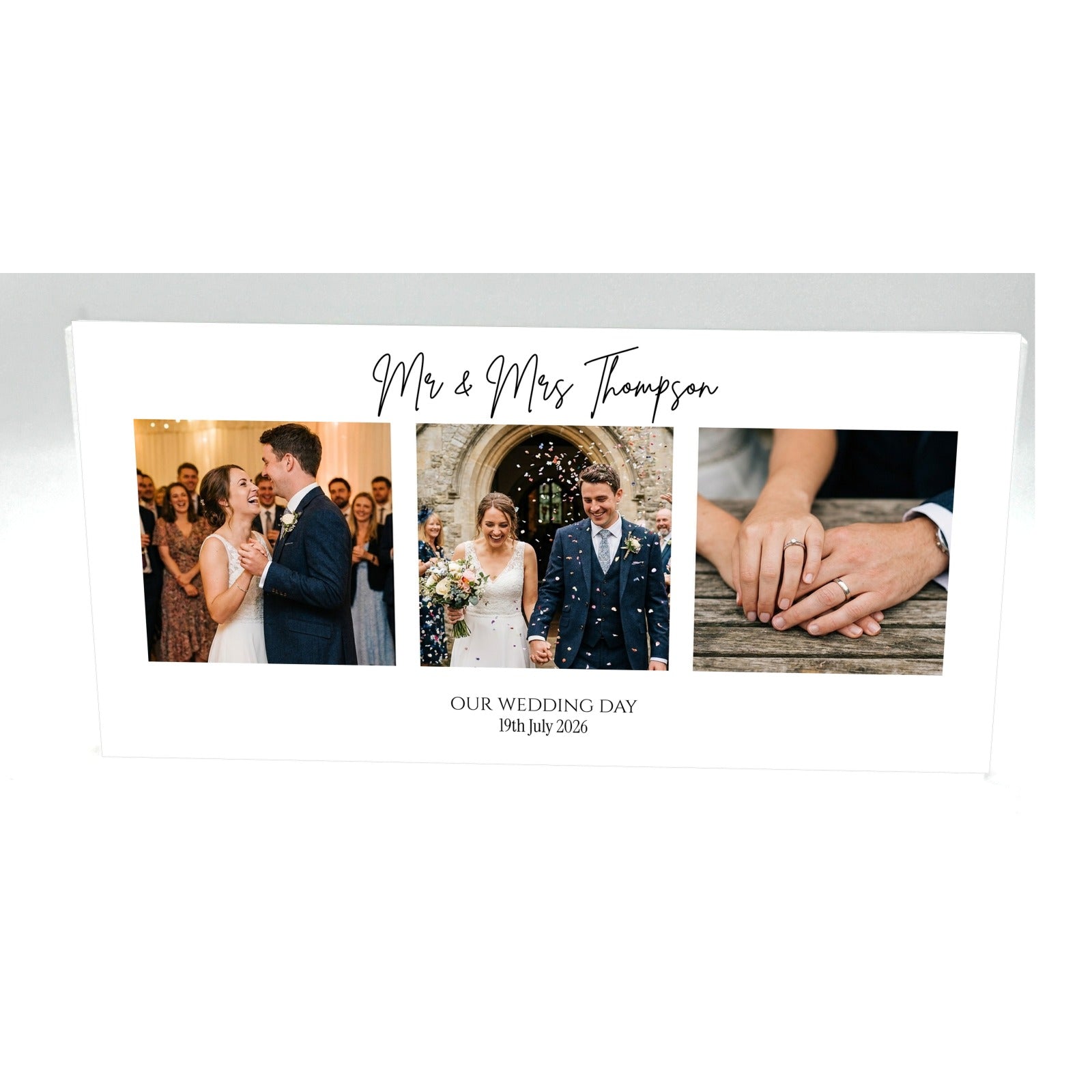 Personalised wedding photo collage acrylic block 20cm x 10cm with three photos on white background