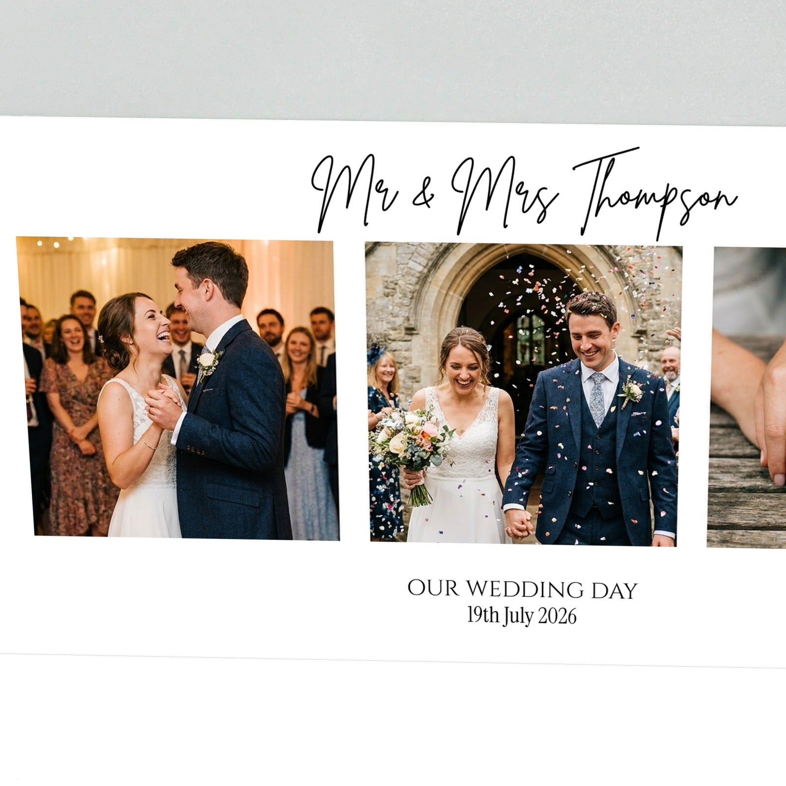 Close-up of wedding collage acrylic block showing script names and printed photo