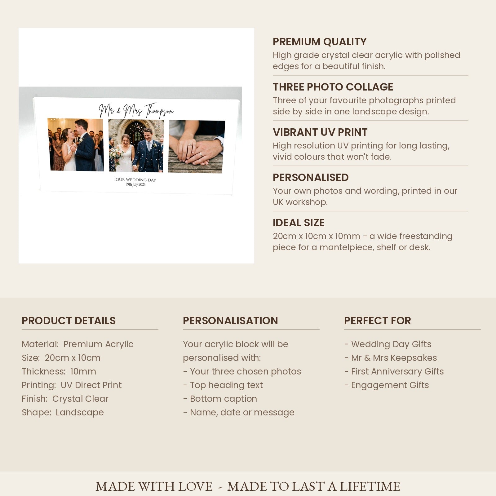 Product details card for wedding photo collage acrylic block 20cm x 10cm x 10mm