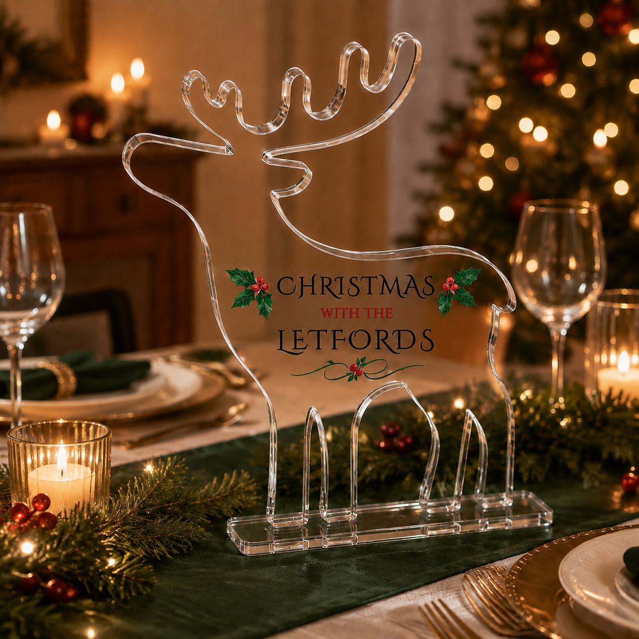 Large personalised freestanding reindeer with surname and Christmas with the family wording