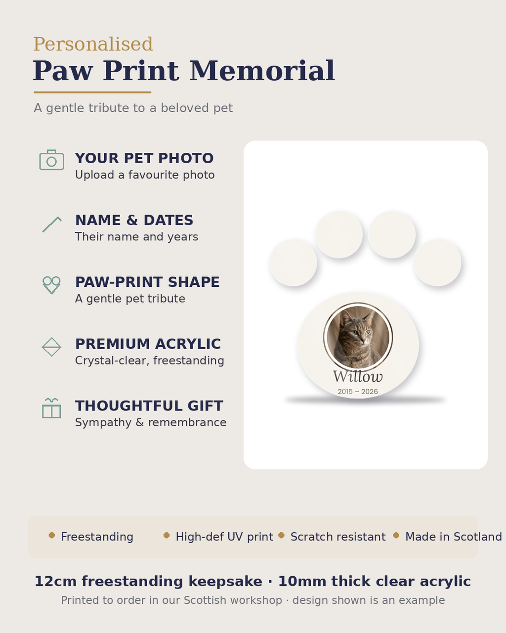 Paw print memorial features and size