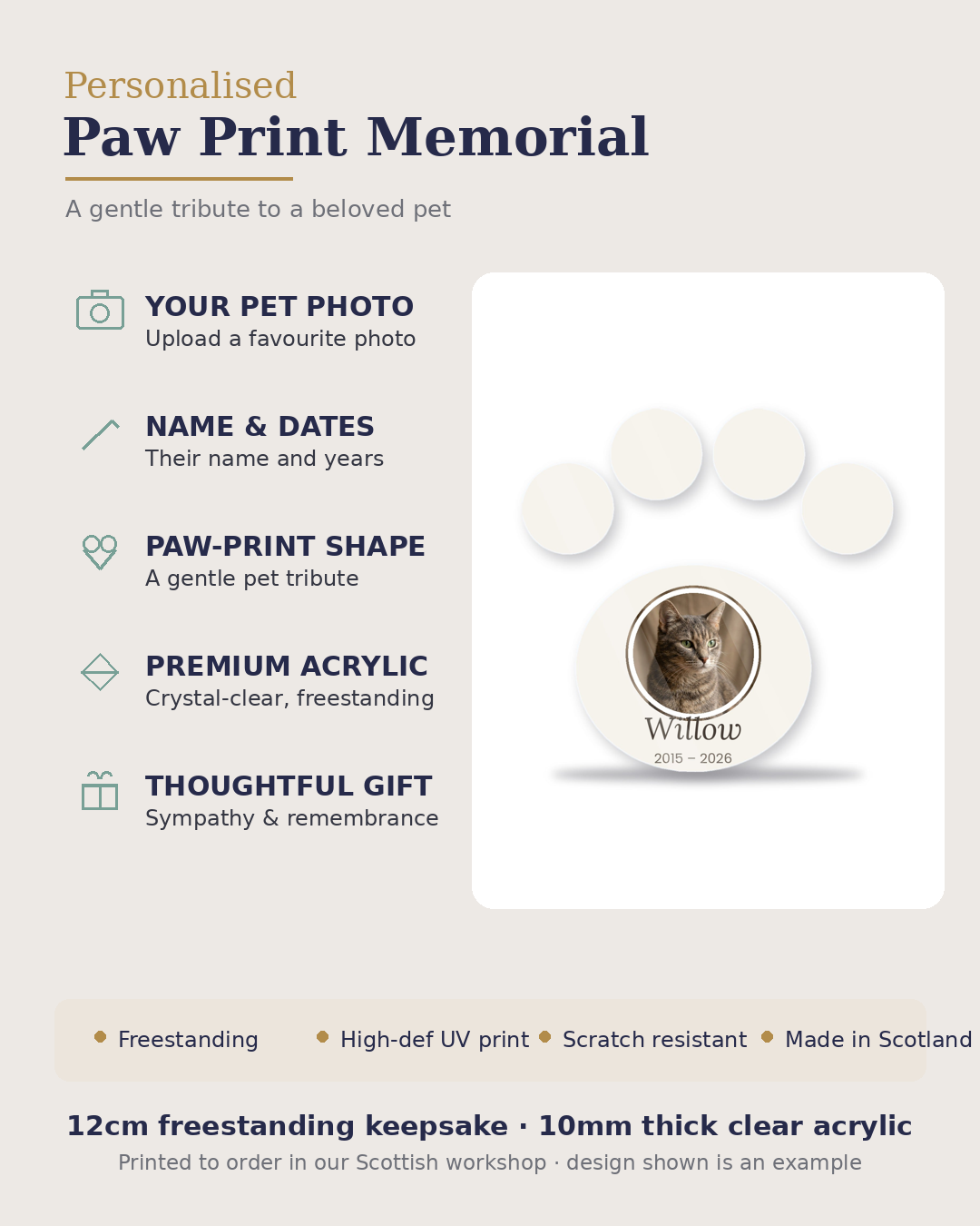 Paw print memorial features and size