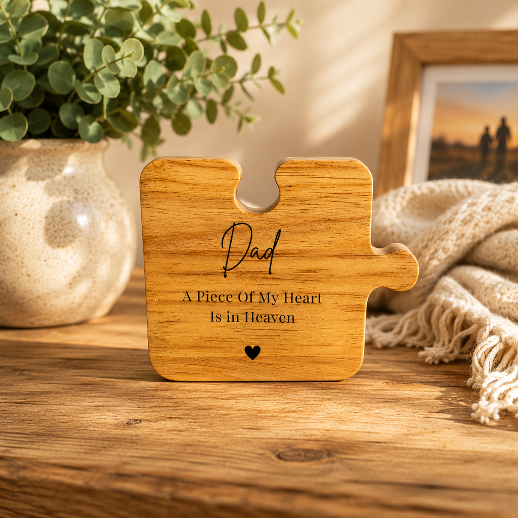 Personalised memorial wooden puzzle piece engraved A Piece Of My Heart Is In Heaven