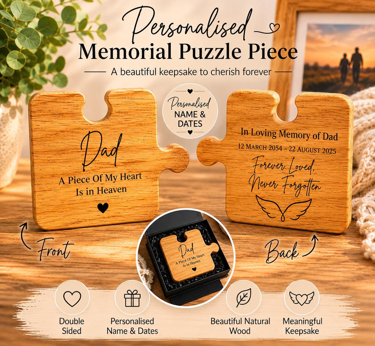 Memorial wooden puzzle piece size detail
