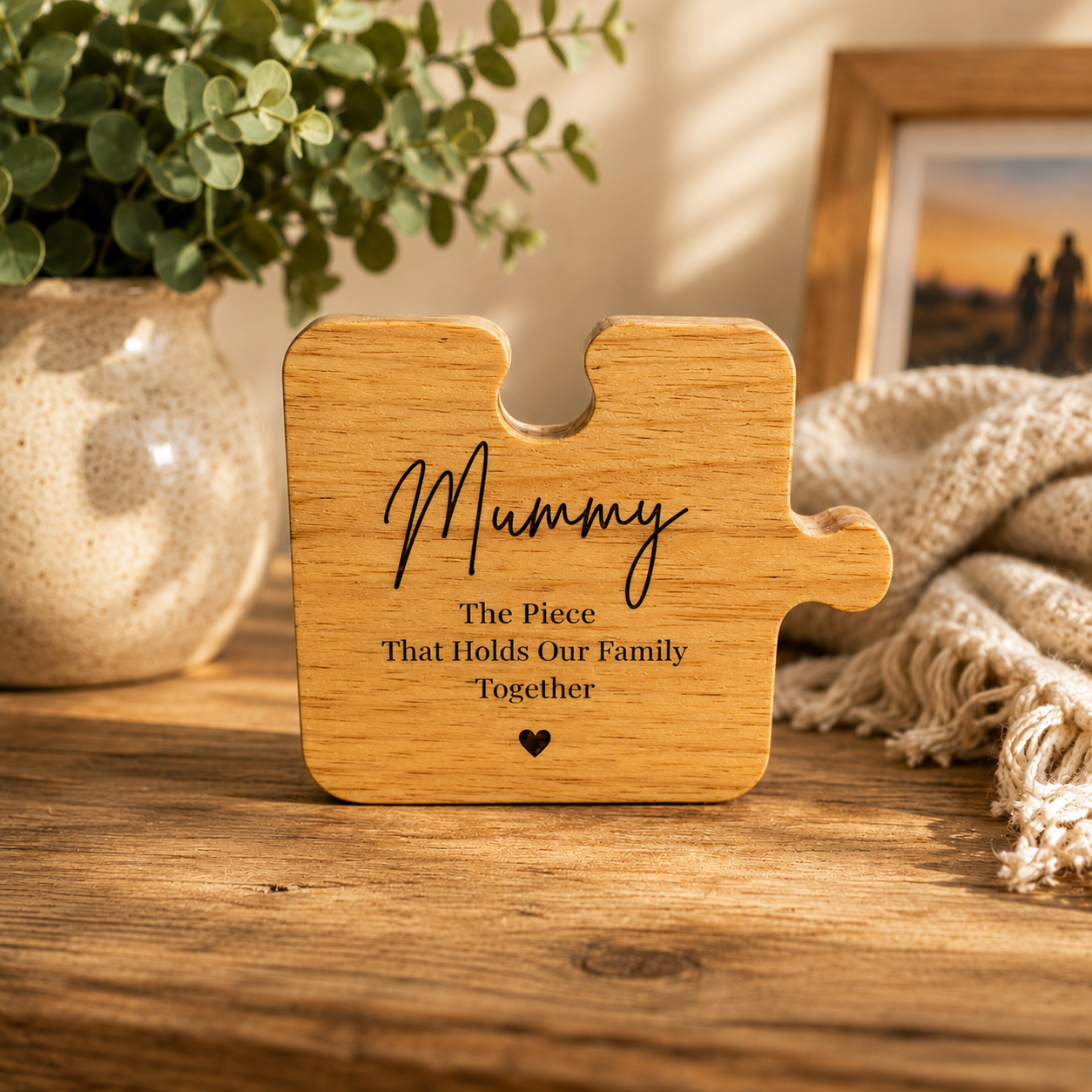 Personalised wooden puzzle piece engraved The Piece That Holds Our Family Together for Mum