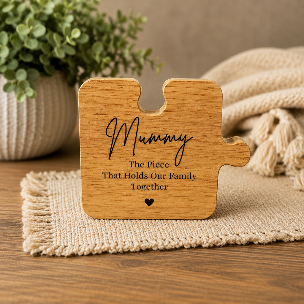 Mum wooden puzzle piece engraving detail