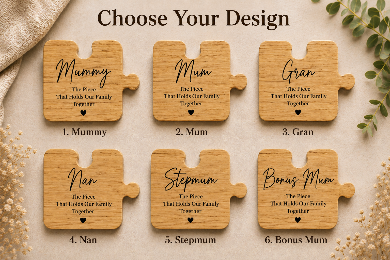 Mum wooden puzzle piece size detail