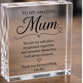 Personalised Mum clear acrylic keepsake block with verse, freestanding on a wooden table
