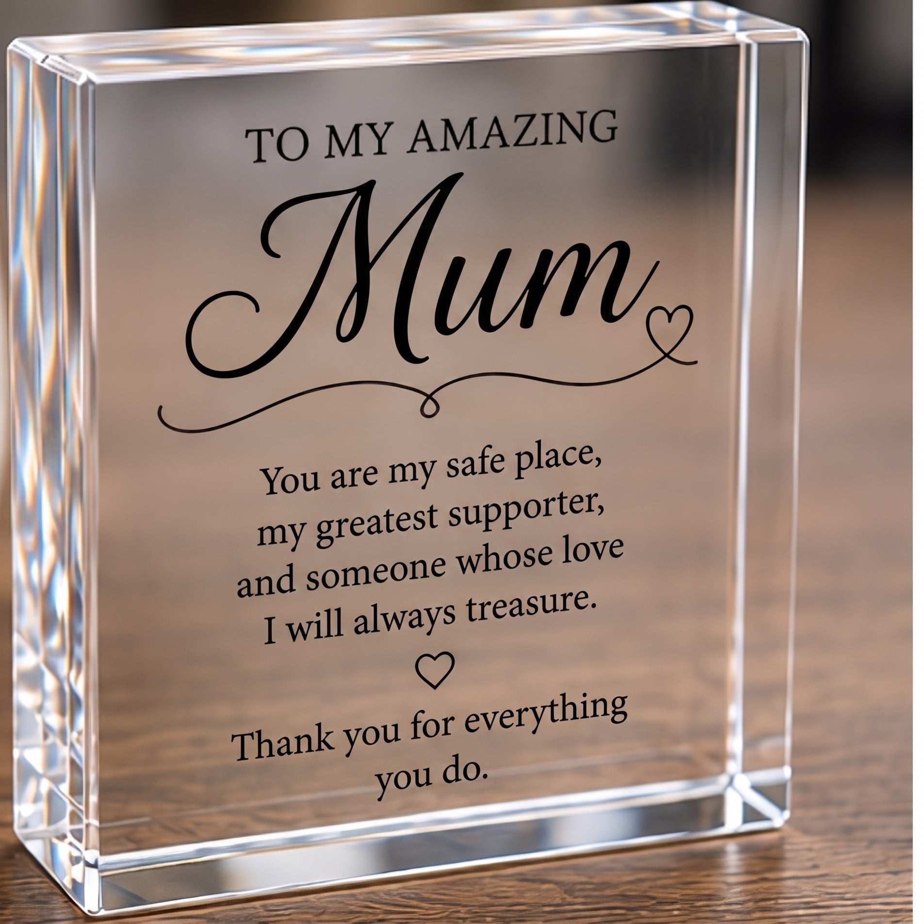 Personalised Mum clear acrylic keepsake block with verse, freestanding on a wooden table