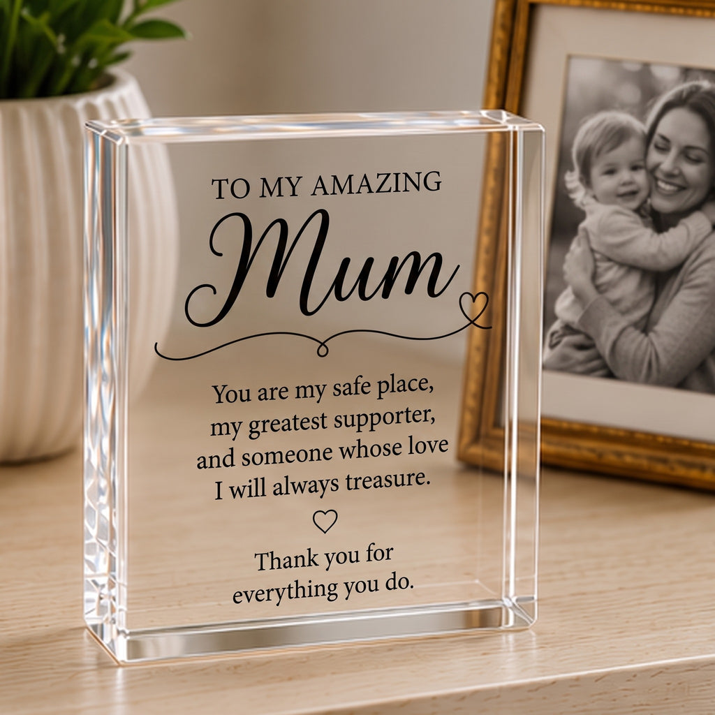Mum acrylic keepsake block styled on a sideboard beside a framed mother and child photo