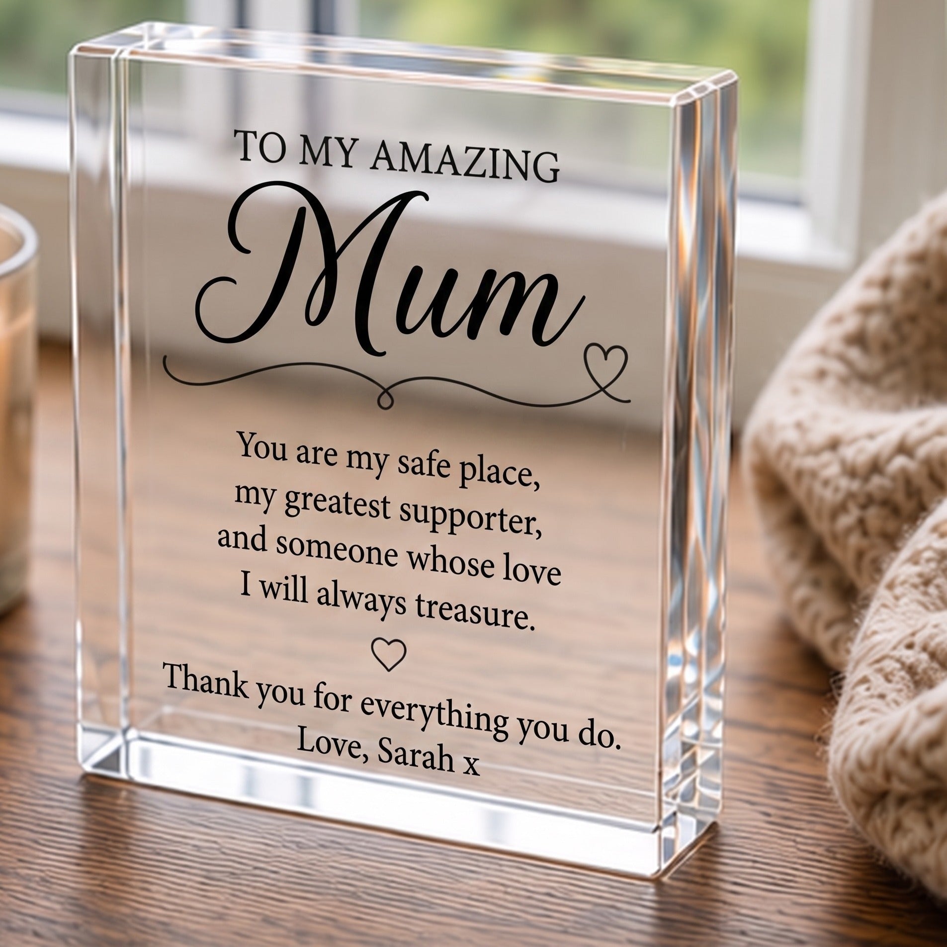 Mum keepsake block on a windowsill showing personalised message Love, Sarah x