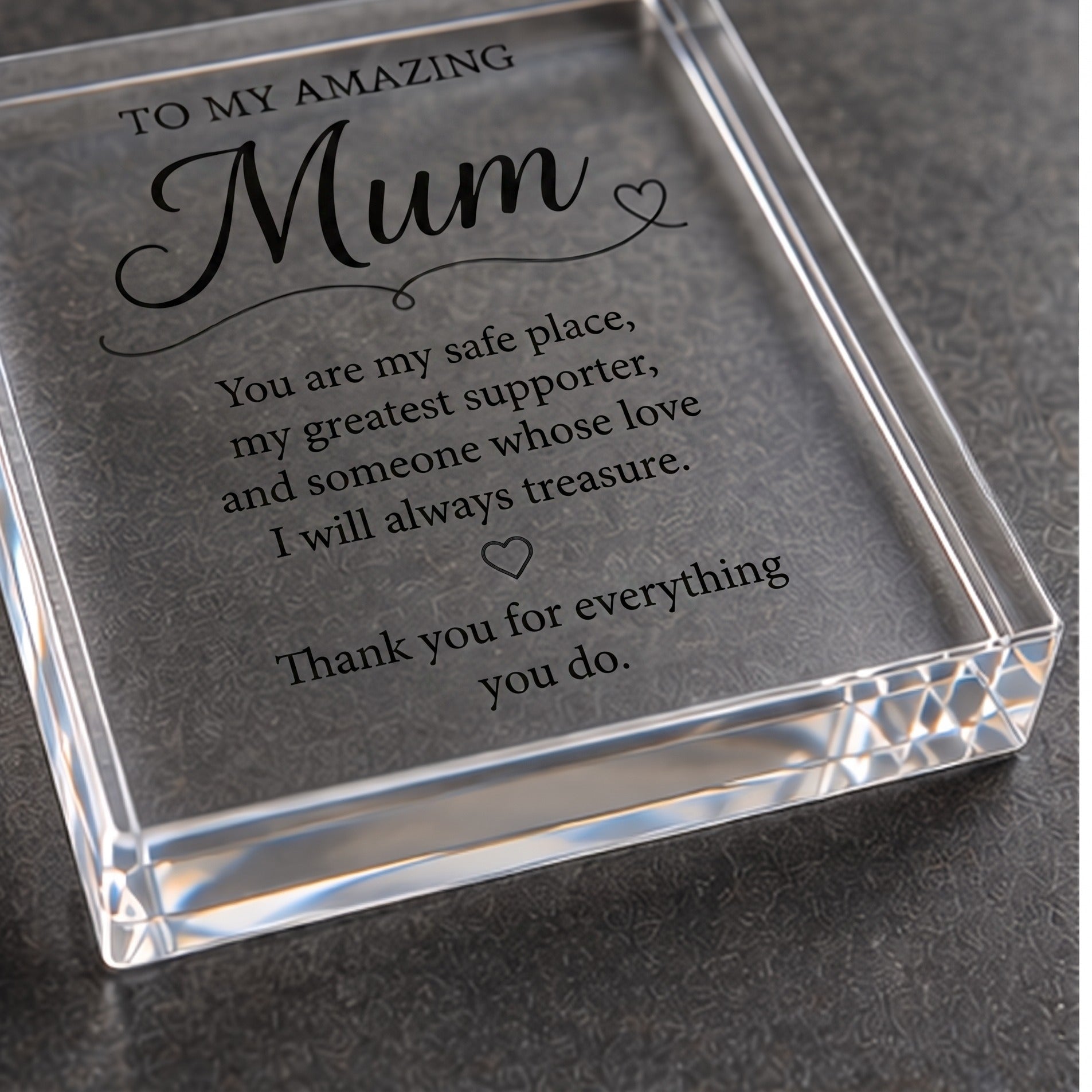 Angled detail view of the clear acrylic Mum keepsake block