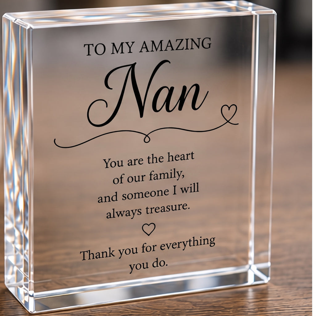 Personalised Nan clear acrylic keepsake block with verse, freestanding on a wooden table