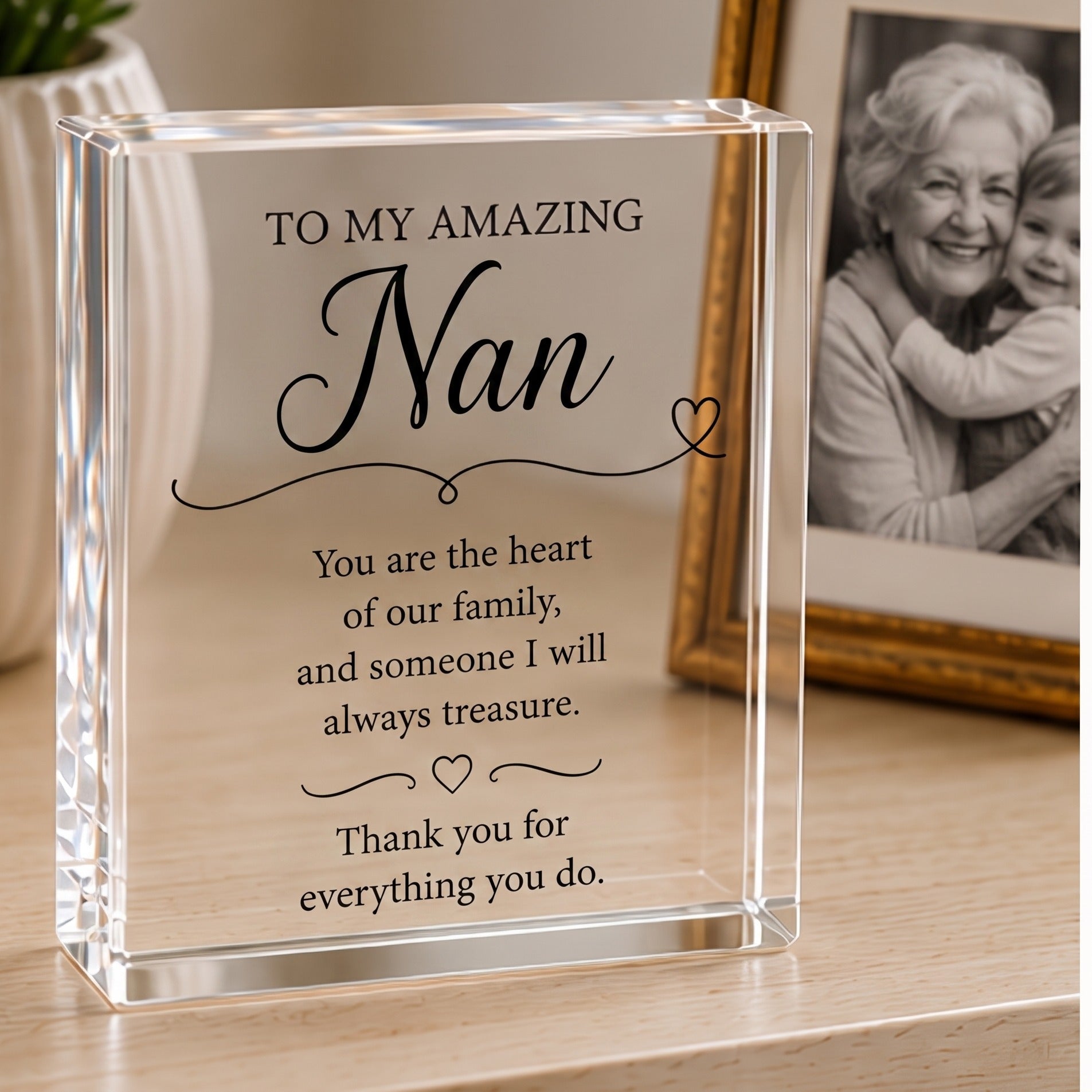 Nan acrylic keepsake block styled on a sideboard beside a framed grandmother and grandchild photo