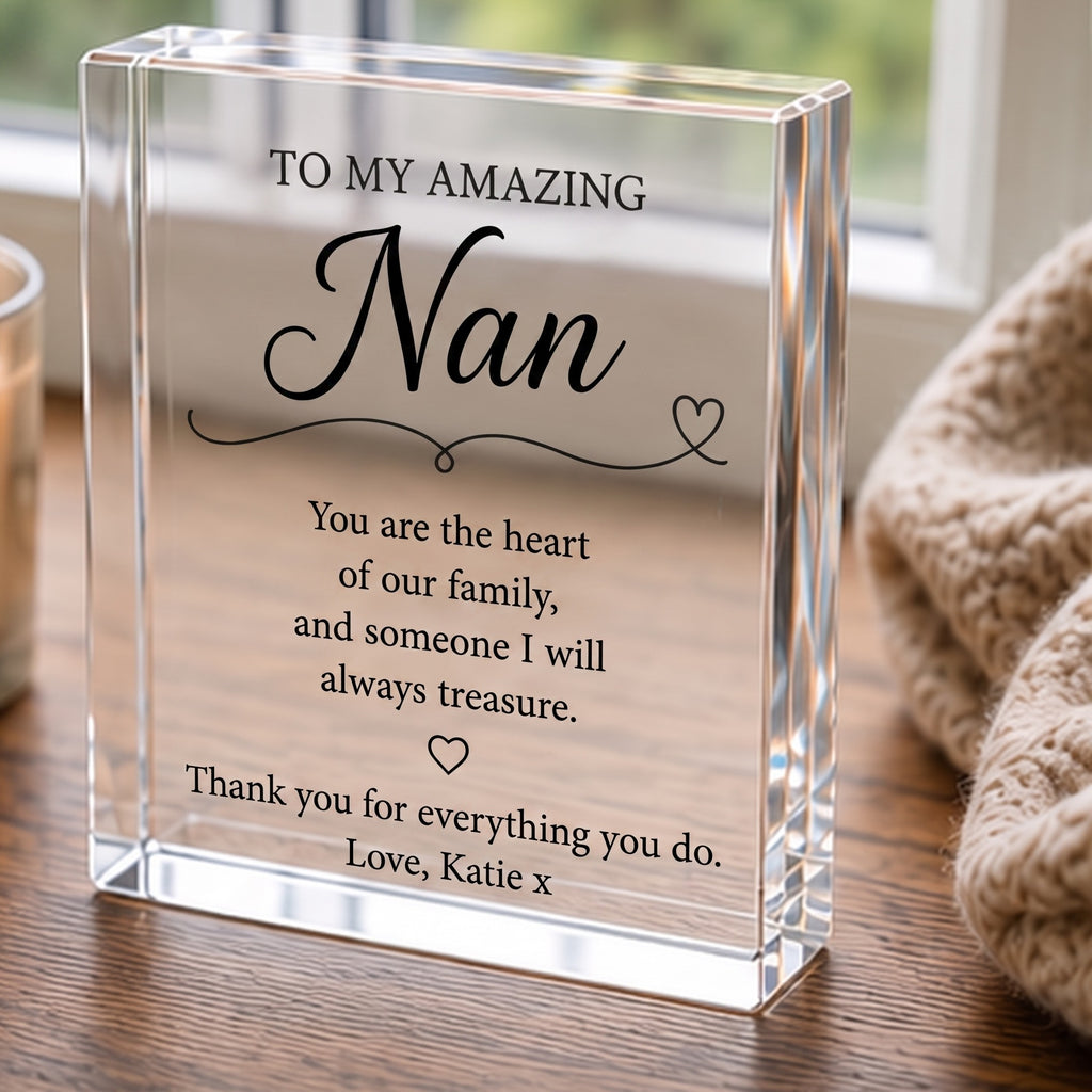 Nan keepsake block on a windowsill showing personalised message Love, Katie x