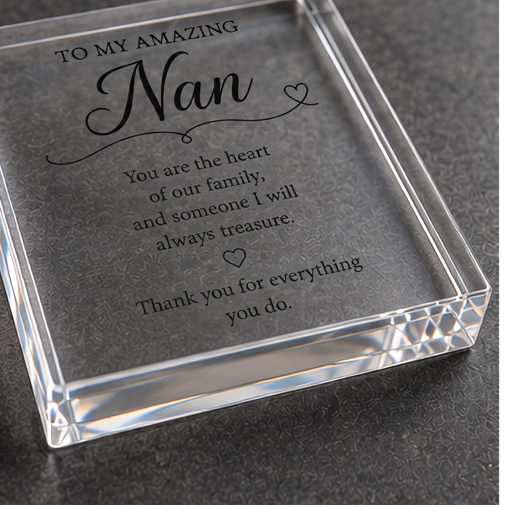 Angled detail view of the clear acrylic Nan keepsake block