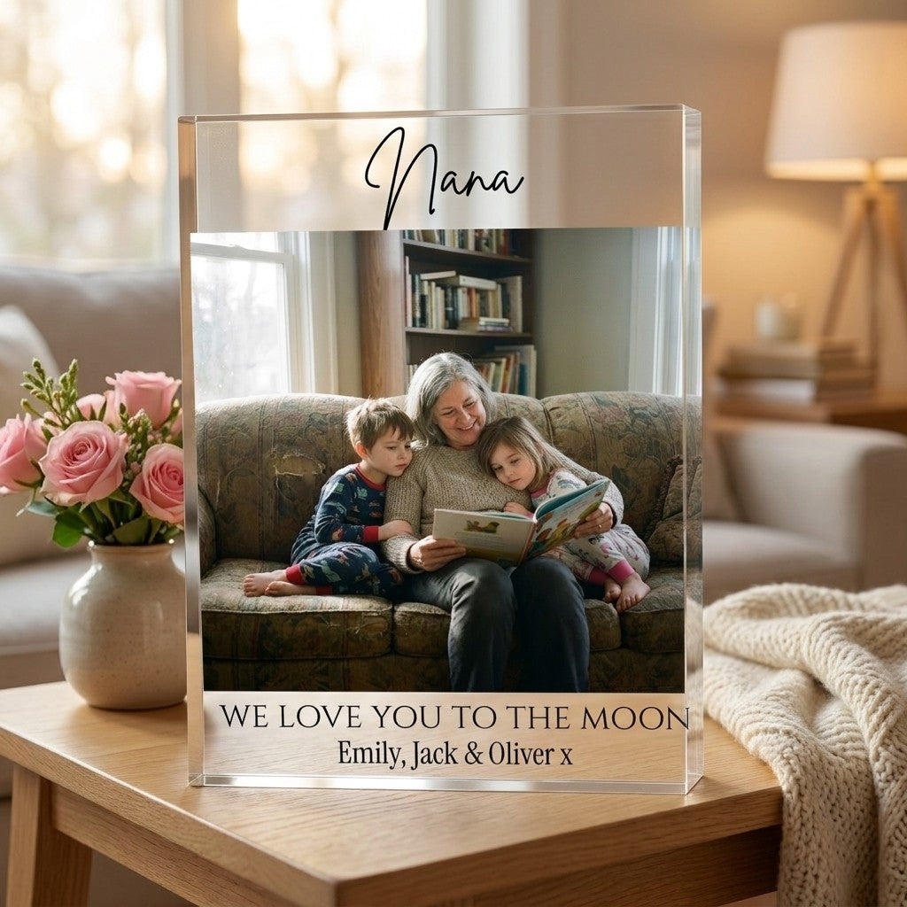Personalised Nana acrylic photo block displayed in a home setting