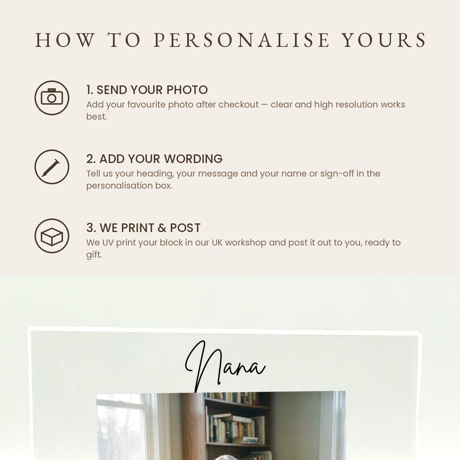 How to personalise your Nana acrylic photo block