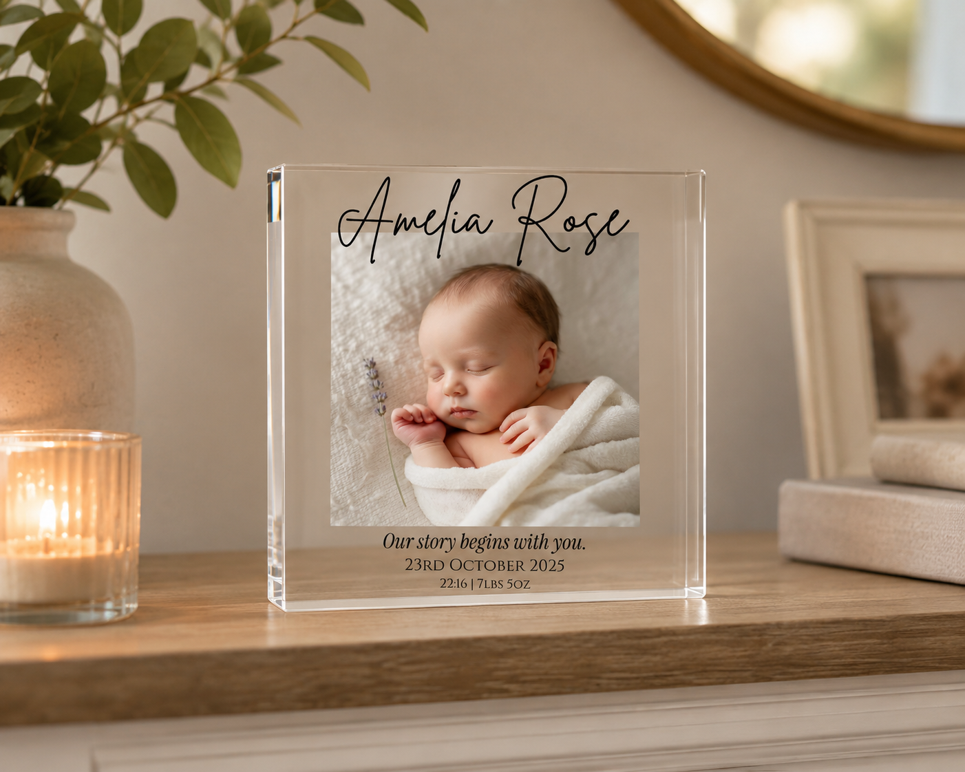 New baby acrylic block personalisation detail
