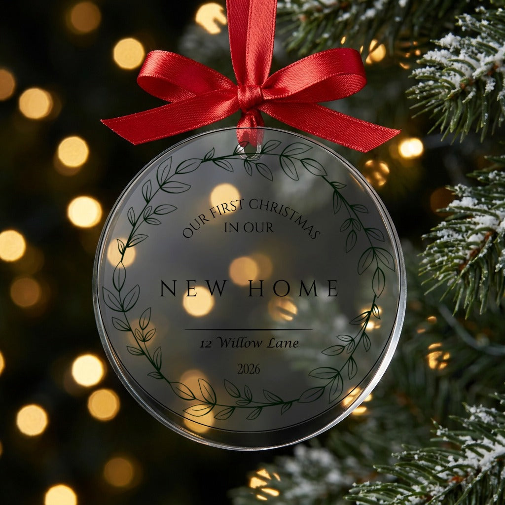 New home first Christmas bauble with red ribbon on a Christmas tree with warm lights