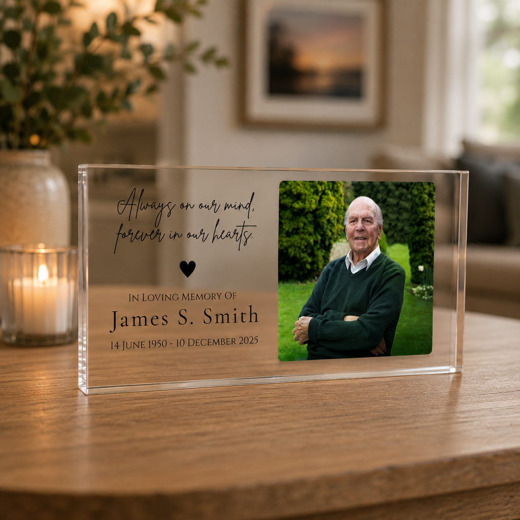 Personalised memorial acrylic block 20cm oblong with photo and wording