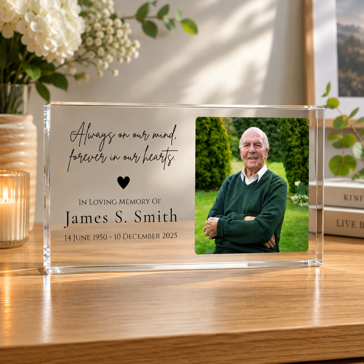 Memorial acrylic block in loving memory personalisation detail