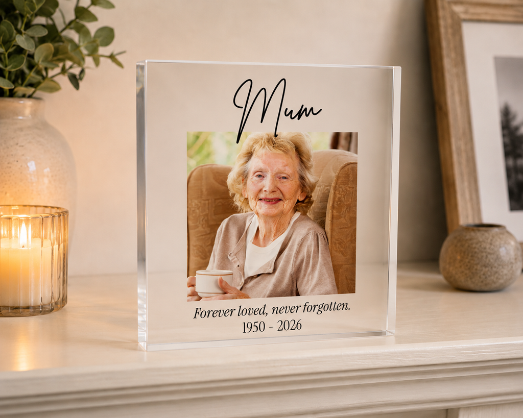 Personalised memorial acrylic photo block with photo, name and dates
