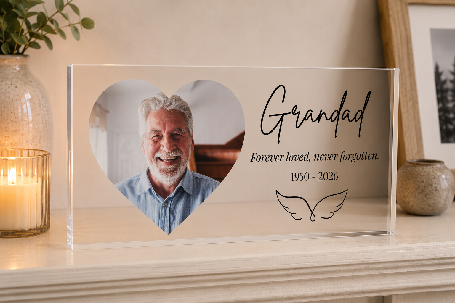 Memorial acrylic photo block freestanding display