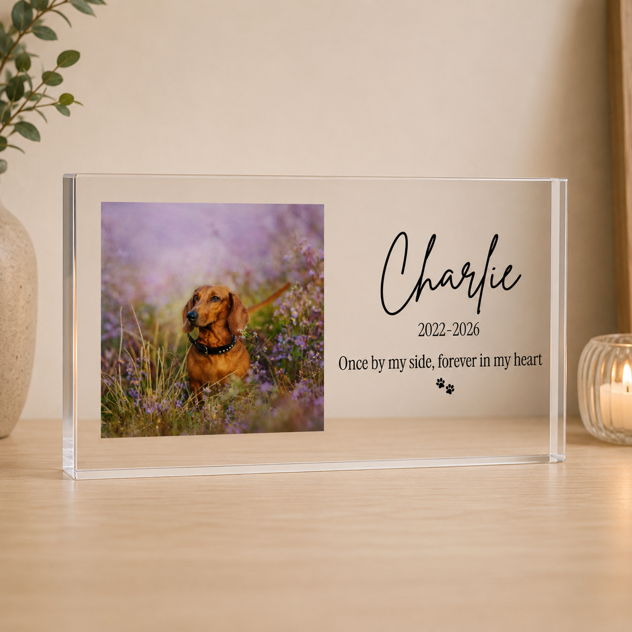 Pet memorial acrylic block freestanding display