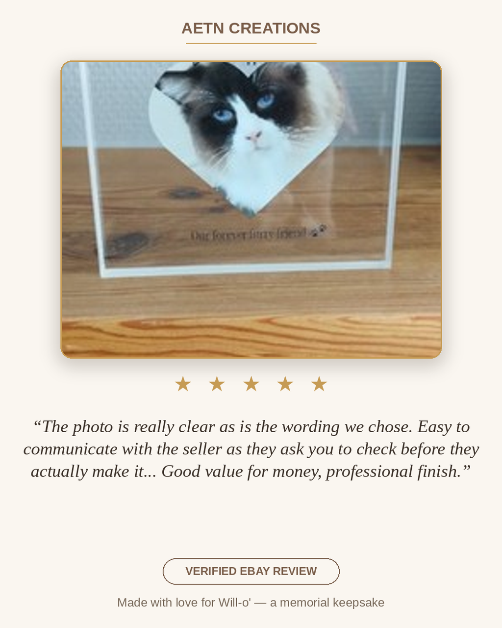 Verified 5 star eBay review from Susan for Will-o's memorial acrylic block