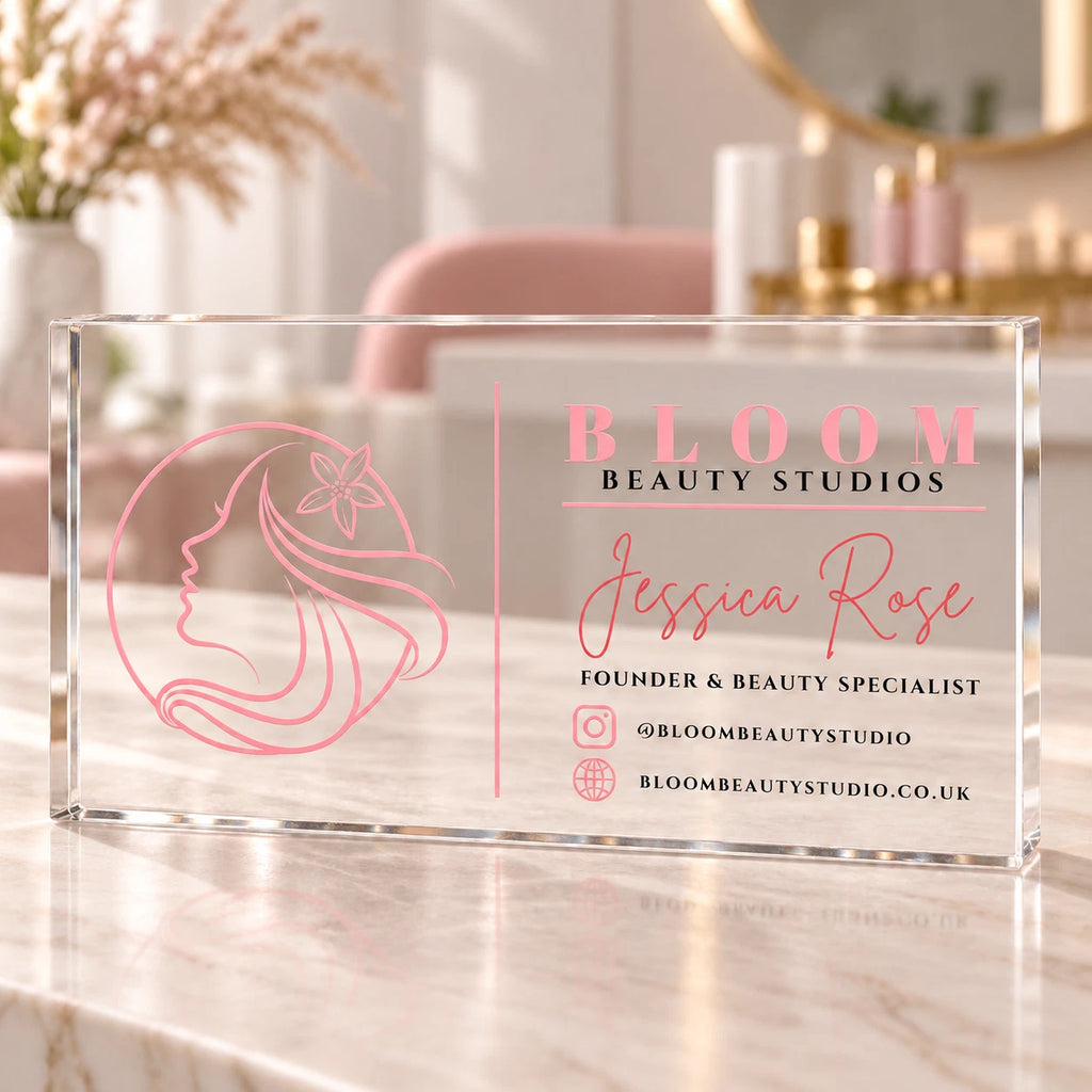Personalised Acrylic Business Plaque - Desk Sign, Logo & Instagram, 20x10cm