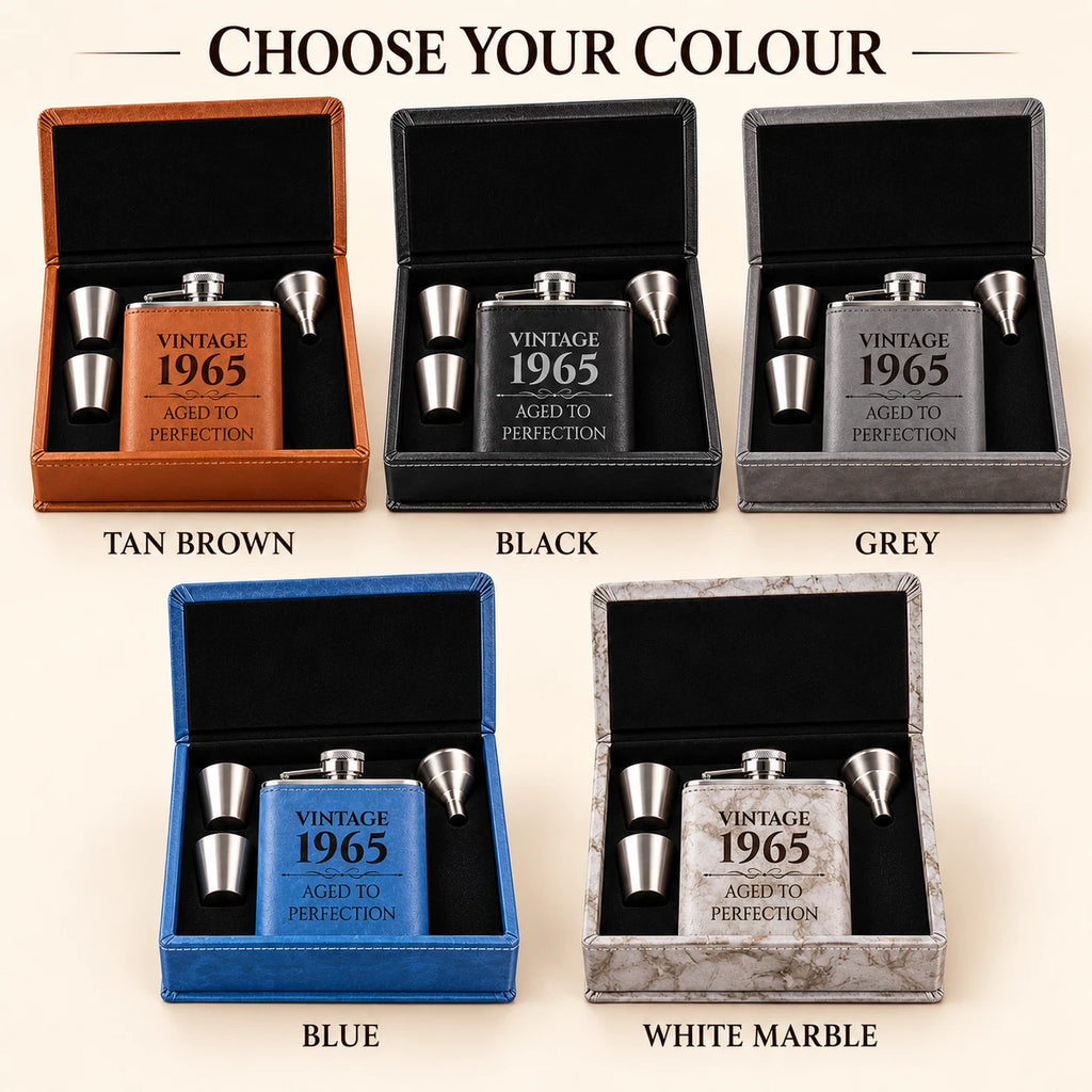 Personalised Hip Flask Gift Set - Vintage Year, Engraved Coaster, Choice of Colour